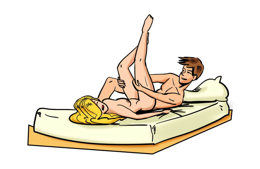 Illustration of couple performing the Sideways Smash sexual position.