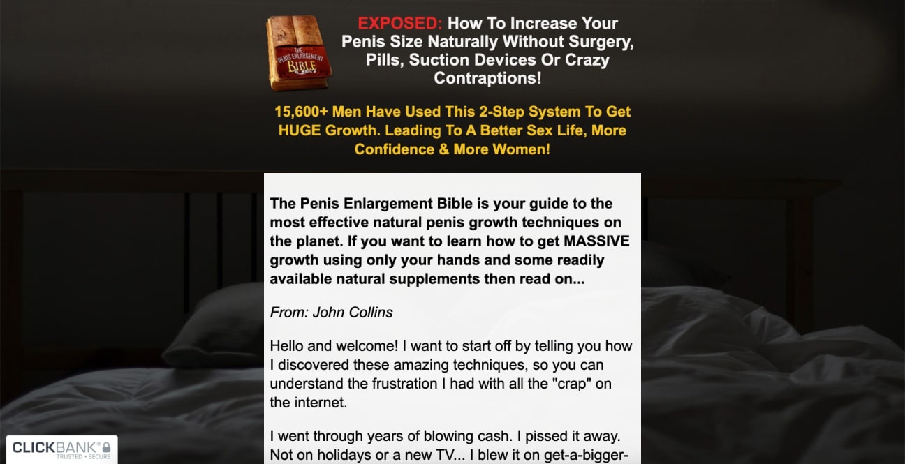 PEBible homepage promoting natural penis enlargement methods with testimonials