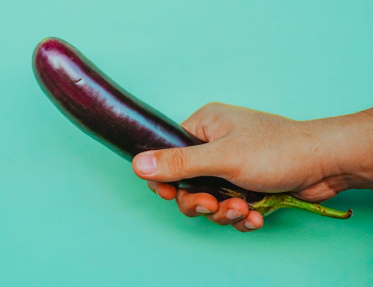 A man's hand holding an eggplant.