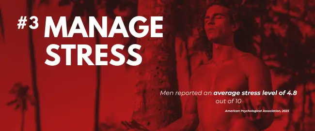 Relaxed man meditating against tropical backdrop with bold “Manage Stress” headline promoting tips on how to increase sex drive naturally