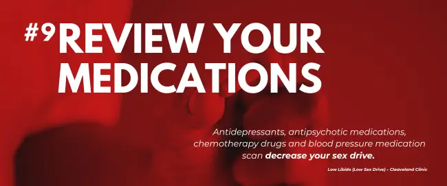 Man holding medication bottles with bold text “Review Your Medications” – highlighting how certain drugs can affect sex drive