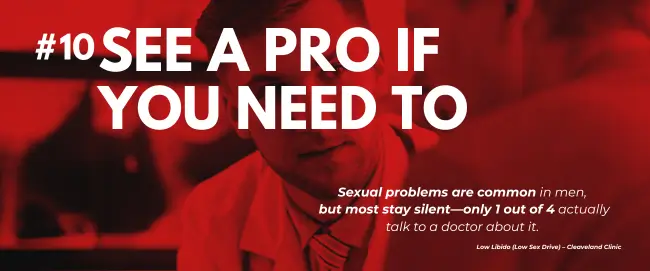 Close-up of a man speaking to a doctor in a red-toned image, urging men to talk about sex drive problems