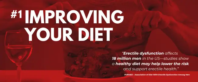 Red-tinted photo of man eating steak with wine, promoting How to Increase Sex Drive through healthier eating